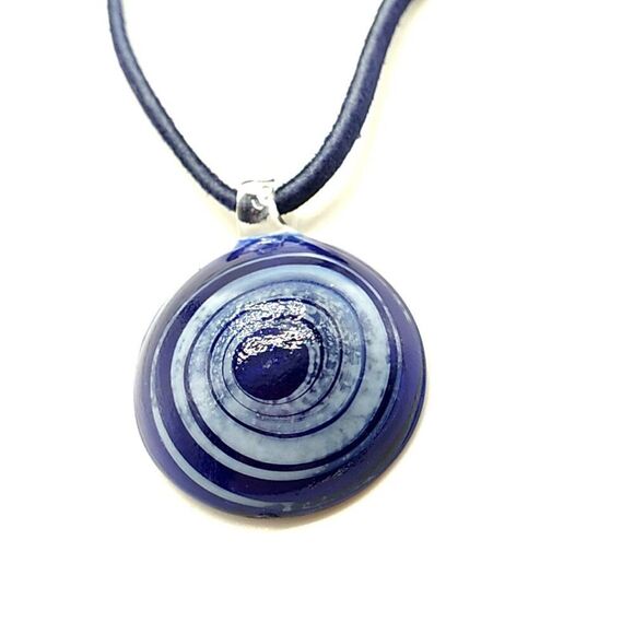 Evil Eye Necklace, Navy Blue Evil Eye Glass Disc Pendant On Black Cord - Picture 7 of 12
